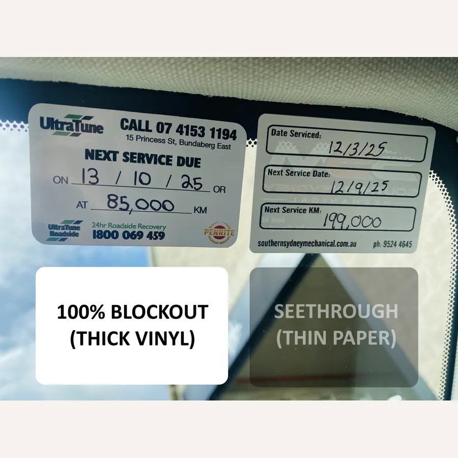 Blockout vinyl compared with seethrough paper on a windscreen