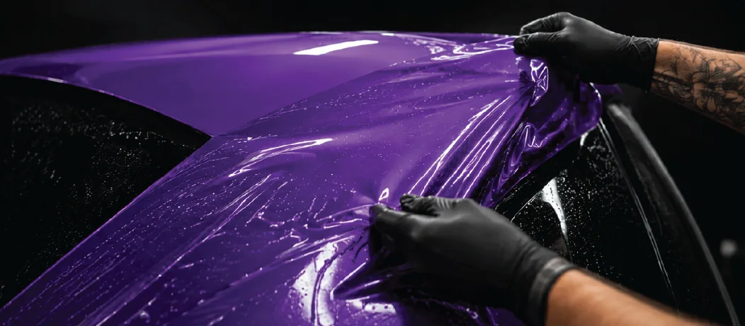 Installer laying purple coloured PPF over a front guard