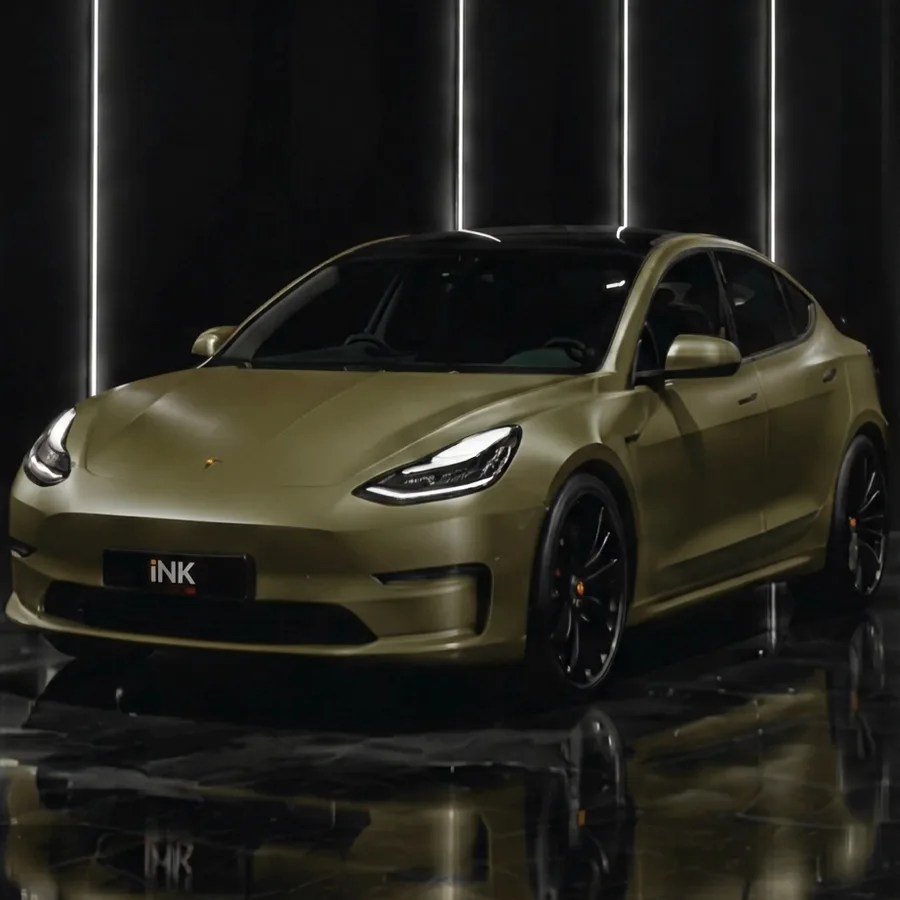 Olive green Tesla Model 3, coloured PPF