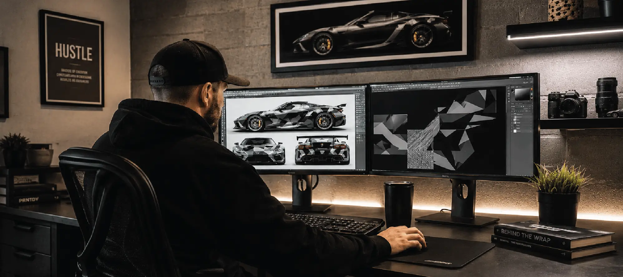 Designer at multi-monitor workstation, studio office