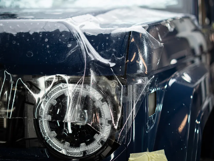 Protection film wrapped over a headlight
